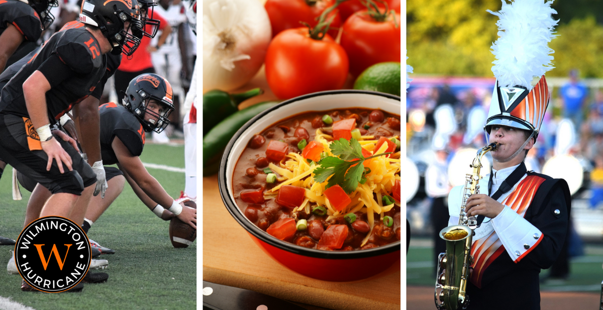 collage of football, chili, band